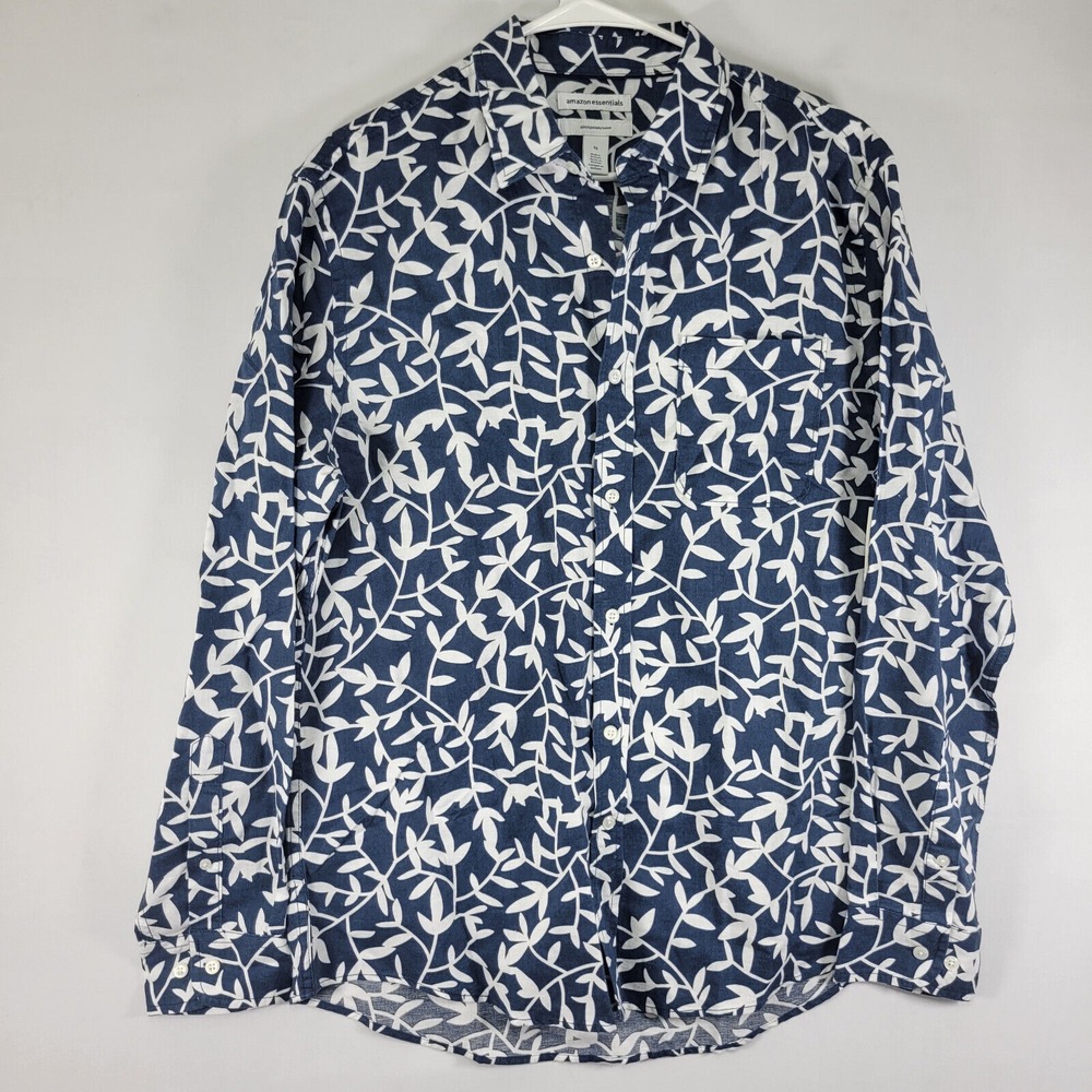 Amazon Essentials Mens Long Sleeve Button Down Blue Floral‎ Linen Blend Slim LG